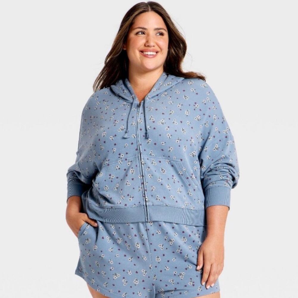 Wild Fable Floral Zip Hoodie Jacket 2X Blue Cropped Sweatshirt Plus Size NWT